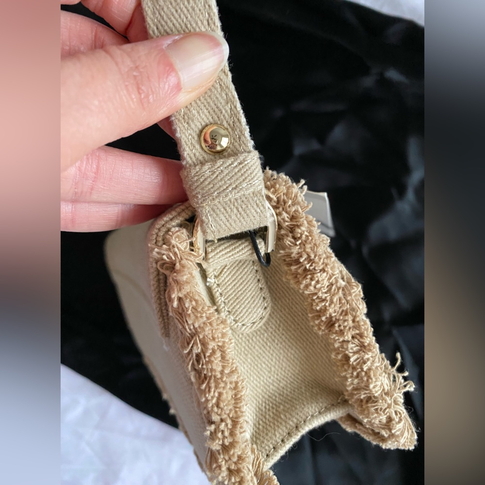 Zara Beige Tan Neutral Fabric shoulder Bag Handbag frayed trim Magnetic flap NWT - Picture 9 of 15